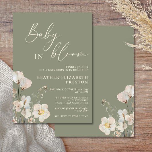 Invitation Bébé en fleurs Sage Baby shower Fleur sauvage vert