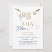 Invitation Bébé en fleurs sur une corde à linge botanique ble (Devant)