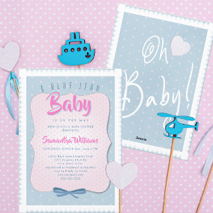 Invitation Bébé en Jean Bleu Cute Fille en Denim Rose Baby Sh