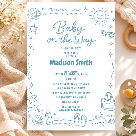 Invitation Bébé en route Fête bébé plage Été Thème côtier