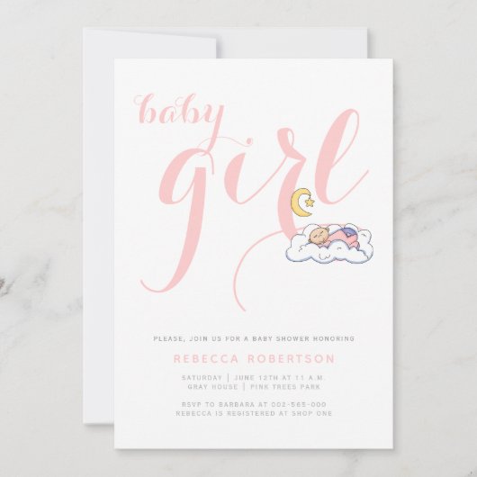 Invitation Bébé endormi douche élégante typographie rose (Devant)