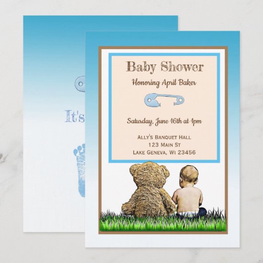 Invitation Bébé et ours en peluche garçons Baby shower Invita (Devant / Derrière)