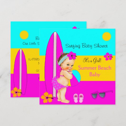 Invitation Bébé Été Fille Shower Plage Surf Brunette (Devant / Derrière)
