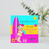 Invitation Bébé Été Fille Shower Plage Surf Brunette (Debout devant)