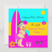 Invitation Bébé Été Fille Shower Plage Surf Brunette (Devant)