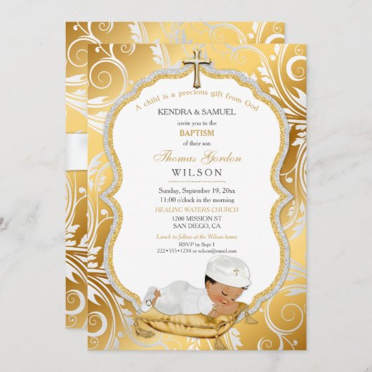 Invitation Bébé ethnique Baptême Baptême Christening Gold Cro (Devant / Derrière)