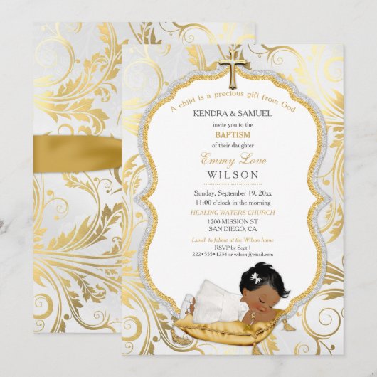 Invitation Bébé ethnique Baptême de fille Christening Gold Cr (Devant / Derrière)