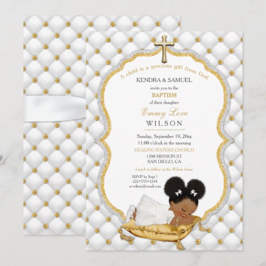 Invitation Bébé ethnique Baptême de fille Christening Gold Cr (Devant / Derrière)