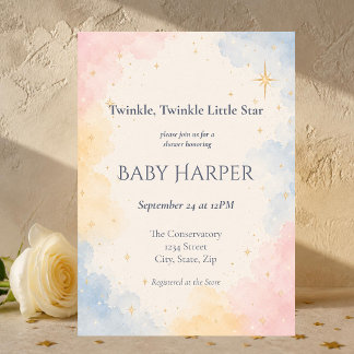 Invitation Bébé Étoile Scintillante Aquarelle Céleste Pastel