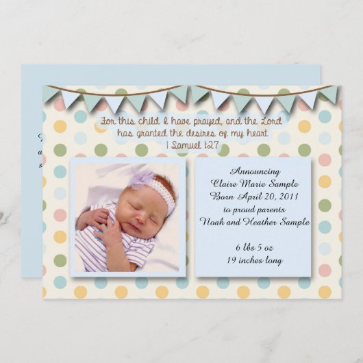Invitation Bébé Faire-part, Écriture chrétienne pour garçon (Devant / Derrière)