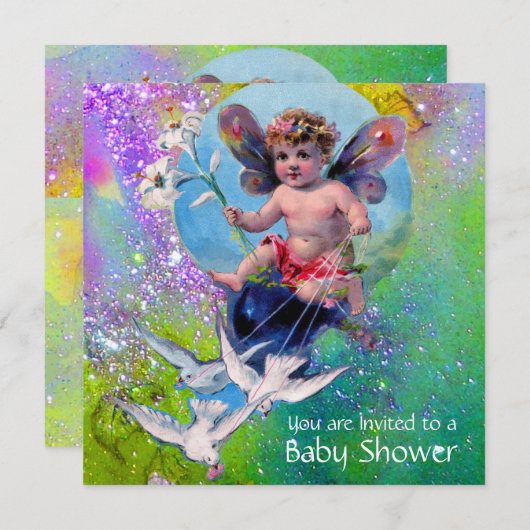 Invitation BÉBÉ FAIRY AVEC DES POIDS À SPARKLES Champagne Jau (Devant / Derrière)