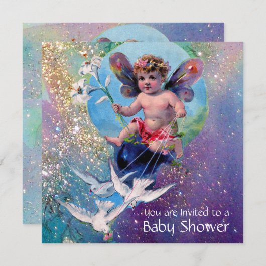 Invitation BÉBÉ FAIRY AVEC DES POIDS À SPARKLES Pearl Shimmer (Devant / Derrière)