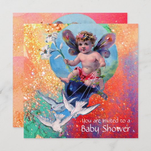 Invitation BÉBÉ FAIRY AVEC DES POIDS DANS SPARKLES Gold Metal (Devant / Derrière)