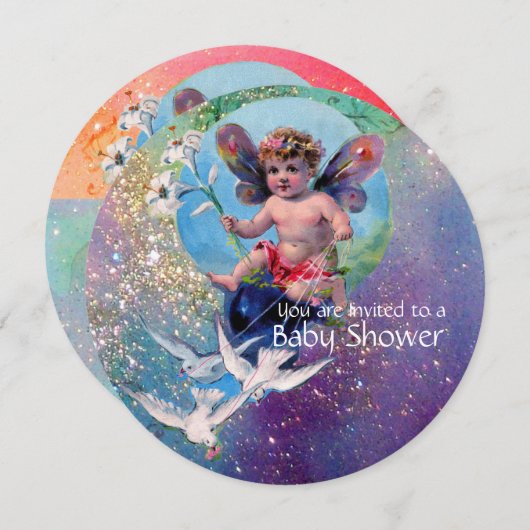 INVITATION BÉBÉ FAIRY AVEC DES POIDS EN TURQUOISE ÉCLAIRAGE D (Devant / Derrière)