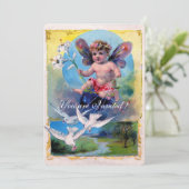 Invitation BÉBÉ FAIRY AVEC DOVES Champagne Metallic (Debout devant)