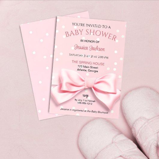 Invitation Bébé fille à ruban rose à pois