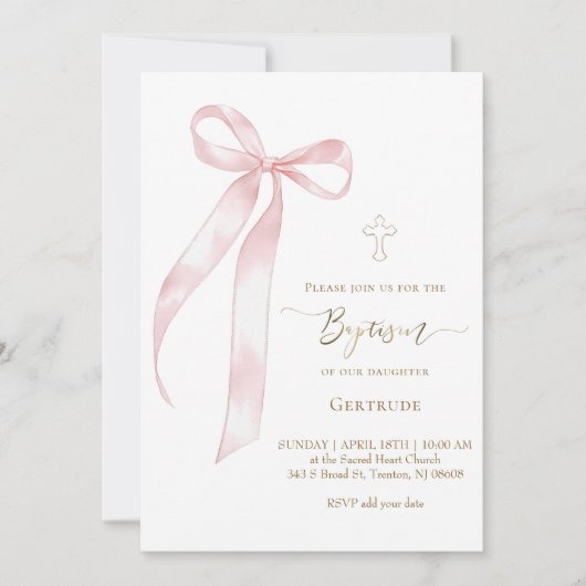 Invitation bébé fille arc rose Baptême (Devant)