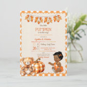 Invitation Bébé fille automne carreaux ours en peluche citrou (Debout devant)