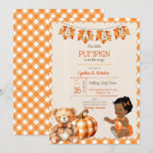 Invitation Bébé fille automne carreaux ours en peluche citrou (Devant / Derrière)