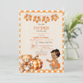 Invitation Bébé fille automne carreaux ours en peluche citrou (Debout devant)