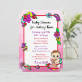 Invitation Bébé fille avec Baby shower rose ours en peluche (Debout devant)