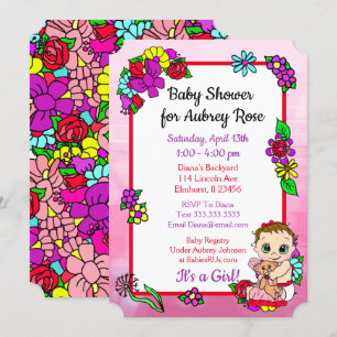 Invitation Bébé fille avec Baby shower rose ours en peluche