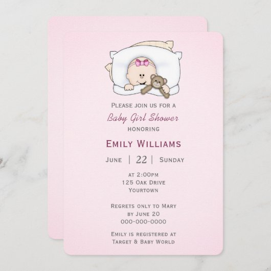Invitation Bébé fille avec ours en peluche (Devant / Derrière)