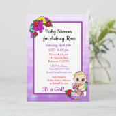 Invitation Bébé fille avec ours en peluche Baby shower pourpr (Debout devant)