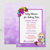 Invitation Bébé fille avec ours en peluche Baby shower pourpr (Devant / Derrière)