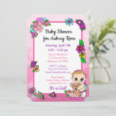 Invitation Bébé fille avec ours en peluche Baby shower rose F (Debout devant)