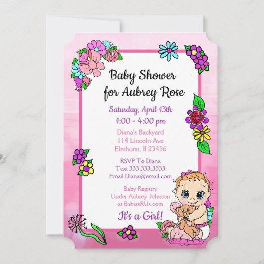 Invitation Bébé fille avec ours en peluche Baby shower rose F (Devant)