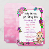 Invitation Bébé fille avec ours en peluche Baby shower rose F (Devant / Derrière)