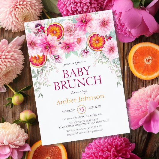 Invitation Bébé Fille Baby shower agrumes et fleurs roses