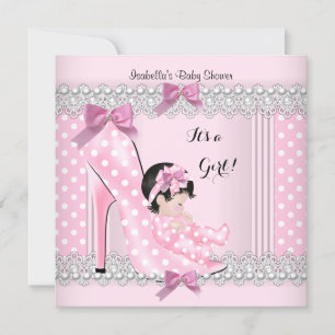 Invitation Bébé Fille Cadeau Baby Shower Rose Points Chaussur