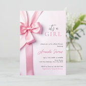 Invitation Bébé Fille Cadeau Ruban Rose (Debout devant)