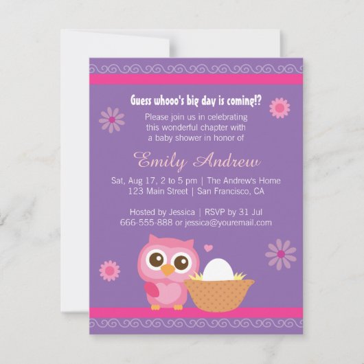 Invitation Bébé Fille, Chouette Bébé Shower (Devant)