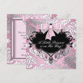 Invitation Bébé Fille de la Princesse Rose Argent et Noir Sho (Devant / Derrière)