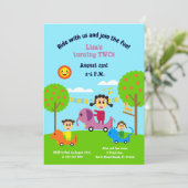 Invitation Bébé fille deuxième anniversaire animal voitures é (Debout devant)