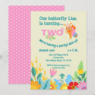 Invitation Bébé fille deuxième anniversaire papillon fête