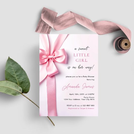 Invitation Bébé Fille Douce avec Ruban Rose