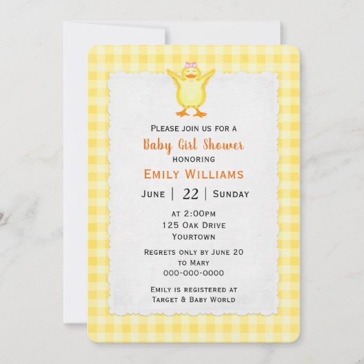 Invitation Bébé Fille Douche avec canard (Devant)