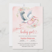 Invitation Bébé fille douche avec la cigogne Illustration - É (Devant)