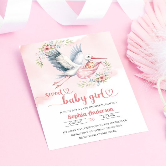 Invitation Bébé fille douche avec la cigogne Illustration - É
