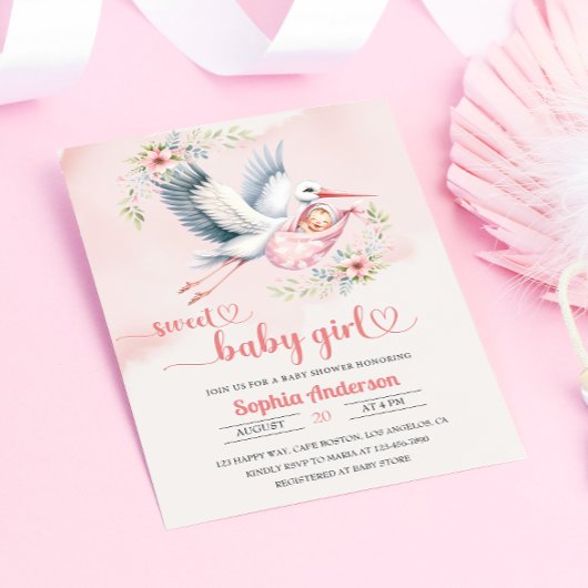 Invitation Bébé fille douche avec la cigogne Illustration - É