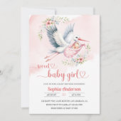 Invitation Bébé fille douche avec la cigogne Illustration - É (Devant)