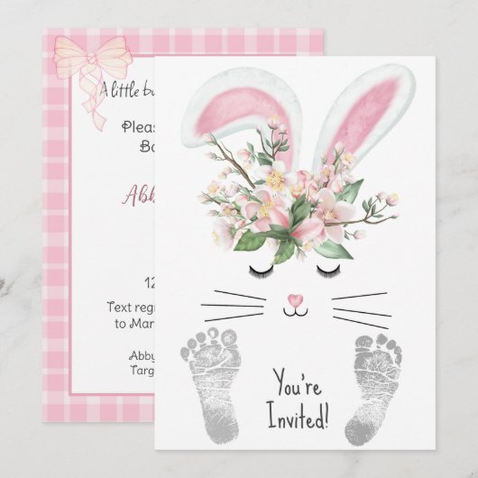 Invitation Bébé fille douche avec lapin mignon (Devant / Derrière)