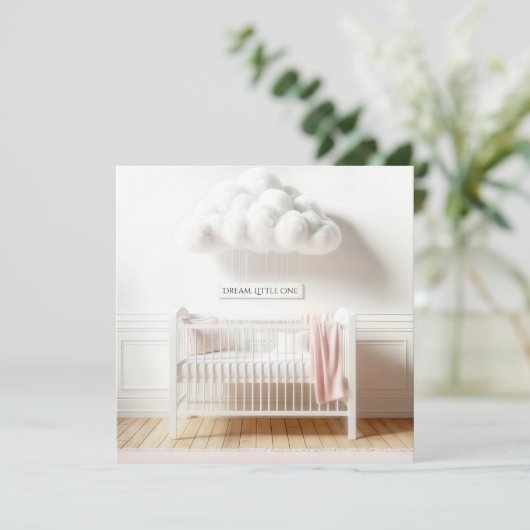 Invitation Bébé fille Douche avec lit blanc et nuage (Debout devant)