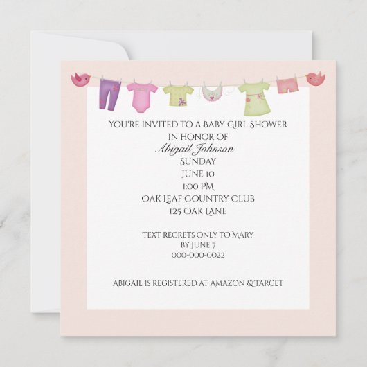 Invitation Bébé fille Douche avec lit blanc et nuage (Dos)