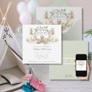 Invitation Bébé Fille Douche Aventure Commencer Teepee Ours C