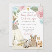 Invitation Bébé Fille Douche Bois Ours Cerf Floral Teepee (Devant)